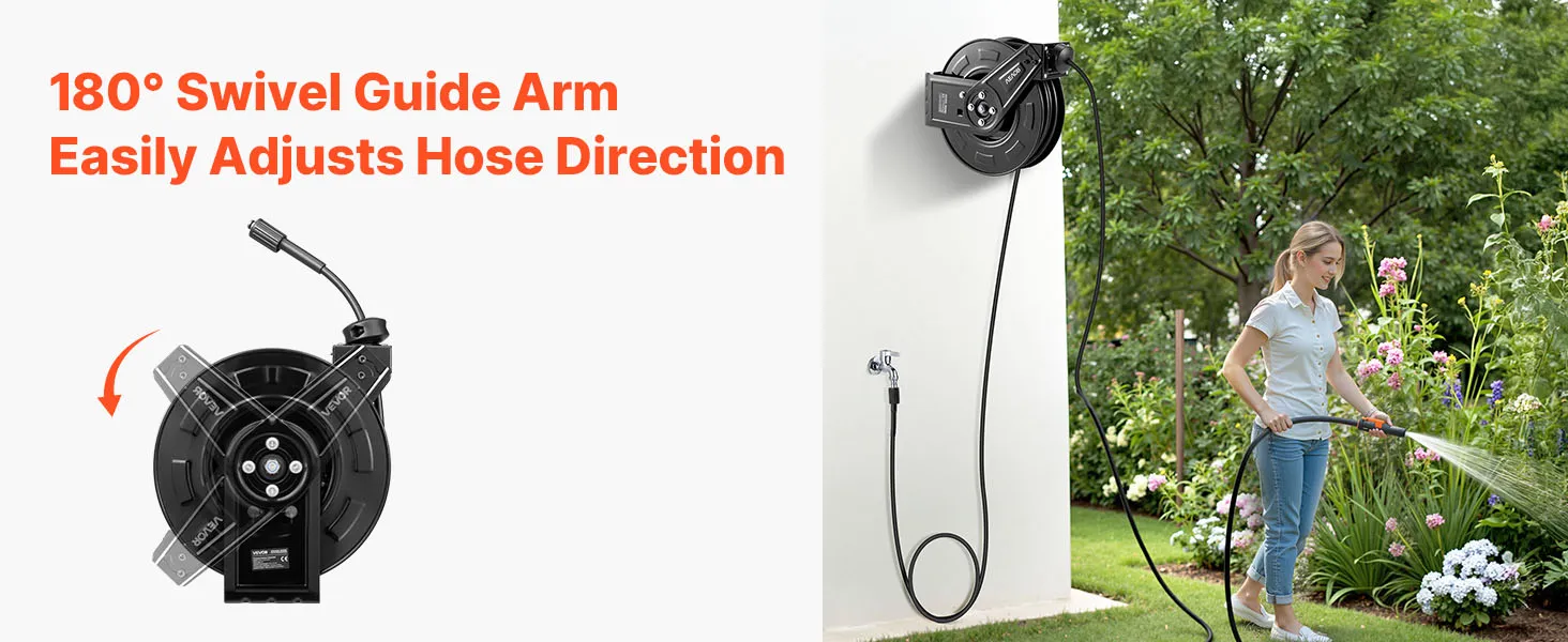VEVOR Pressure Washer Hose Reel 60ft x 1/4in Retractable 4000PSI Auto-Rewinding
