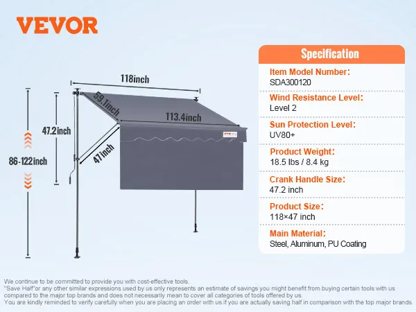 VEVOR retractable awning dimensions and specifications, including uv80+ protection and steel/aluminum build.