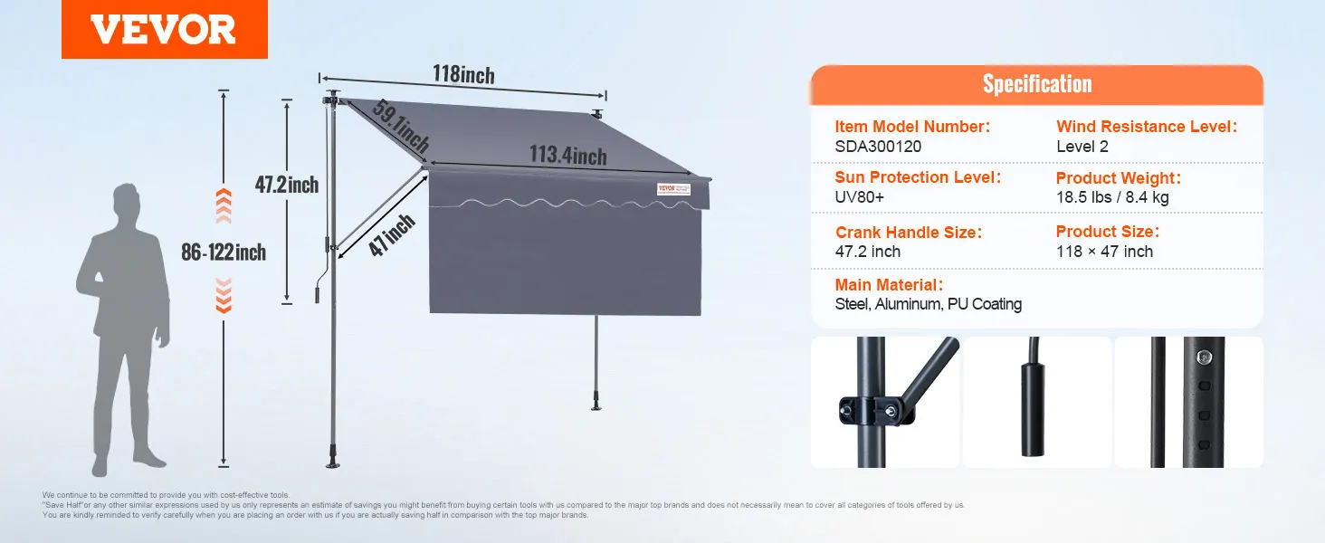 VEVOR retractable awning dimensions and specifications, including uv80+ protection and steel/aluminum build.