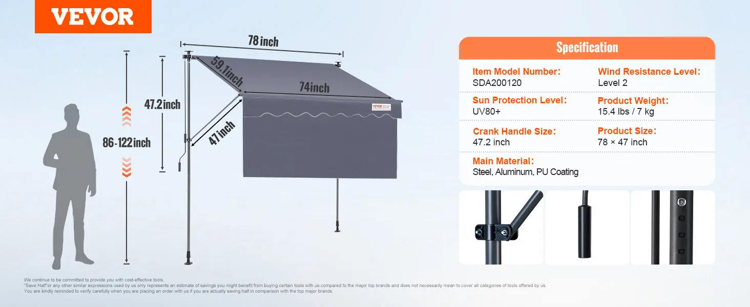 VEVOR retractable awning with dimensions, uv protection, adjustable height, crank handle, and material details.
