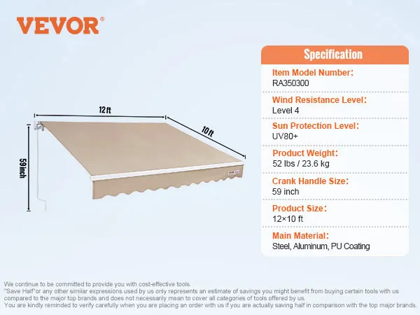 VEVOR retractable awning, 12x10 ft, uv80+ protection, wind resistance level 4, steel and aluminum.