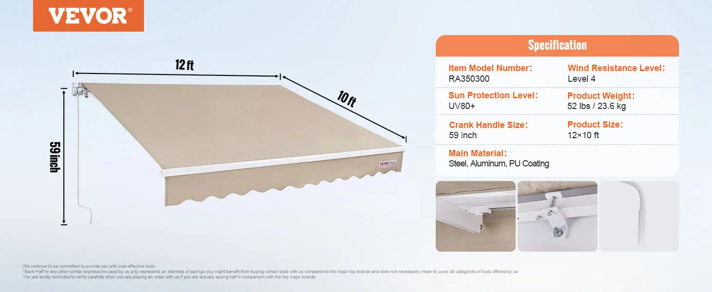 VEVOR retractable awning, 12x10 ft, uv80+ protection, wind resistance level 4, steel and aluminum.