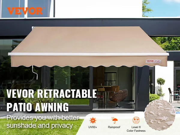VEVOR retractable awning installed on a modern patio, offering uv protection, rainproof, and colorfast benefits.