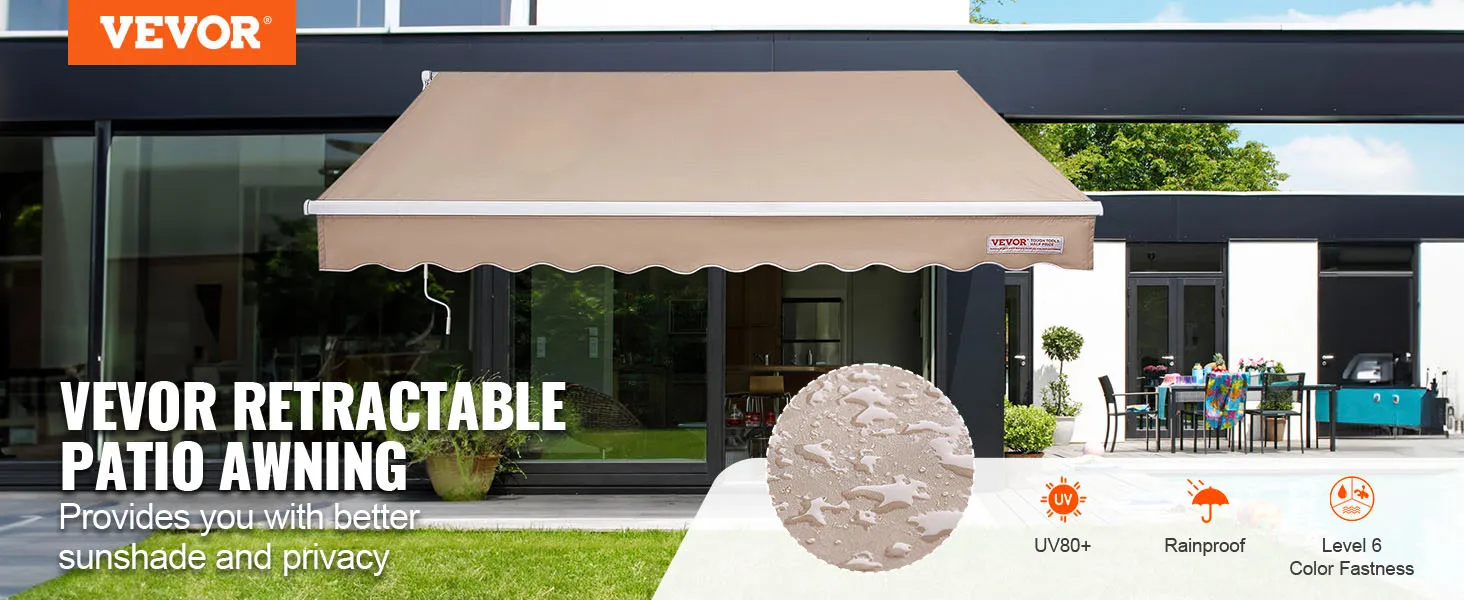 VEVOR retractable awning installed on a modern patio, offering uv protection, rainproof, and colorfast benefits.