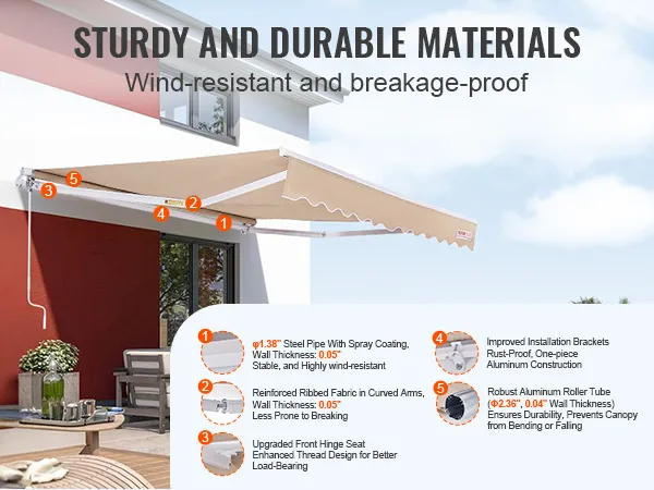 VEVOR retractable awning: wind-resistant, steel pipe, ribbed fabric, hinge seat, aluminum brackets, roller tube.