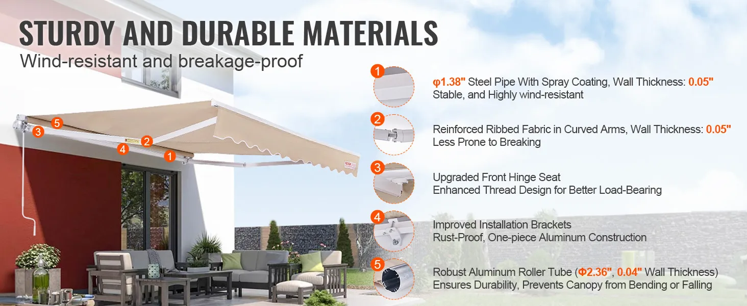 VEVOR retractable awning: wind-resistant, steel pipe, ribbed fabric, hinge seat, aluminum brackets, roller tube.