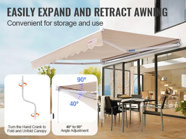VEVOR retractable awning, easily adjustable from 40° to 90°, ideal for patios, with convenient hand crank.