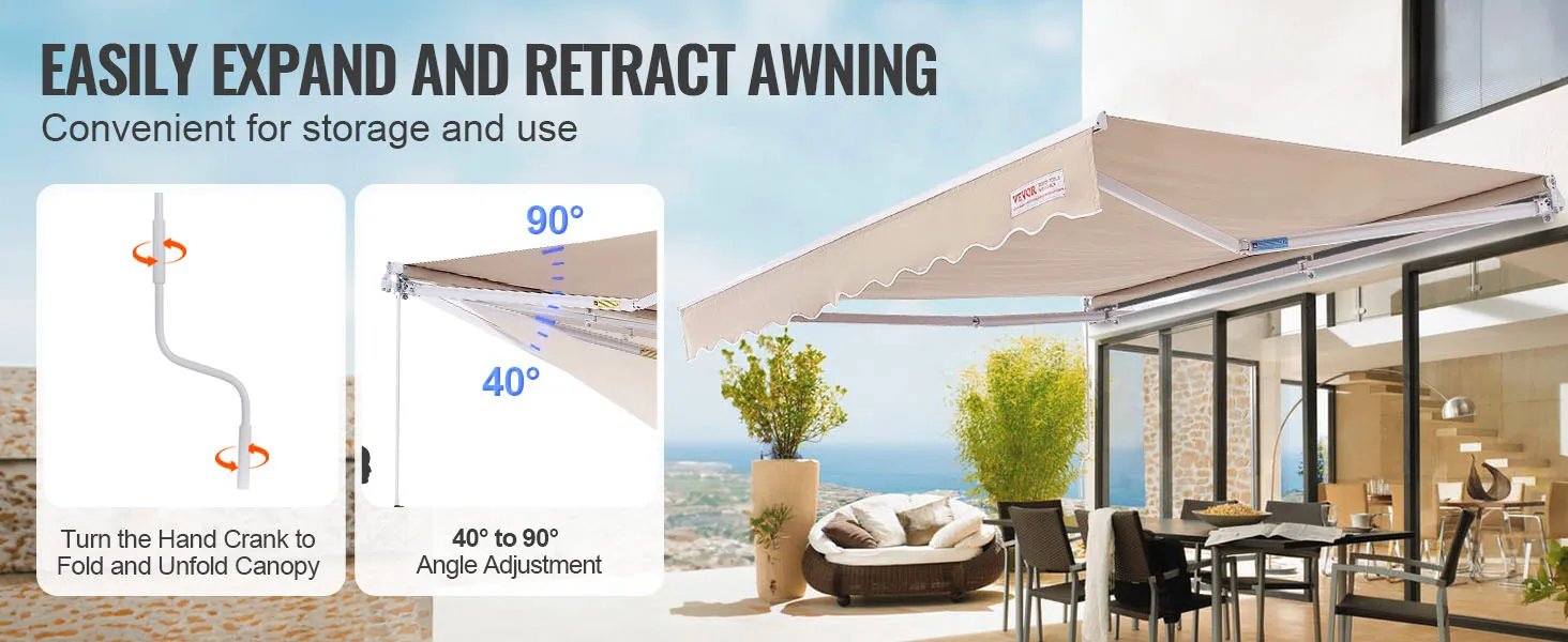 VEVOR retractable awning, easily adjustable from 40° to 90°, ideal for patios, with convenient hand crank.
