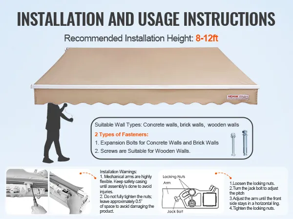 VEVOR retractable awning installation guide with instructions, recommended height, wall types, and fasteners.