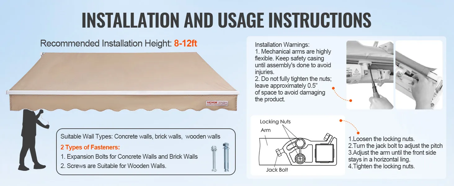 VEVOR retractable awning installation guide with instructions, recommended height, wall types, and fasteners.