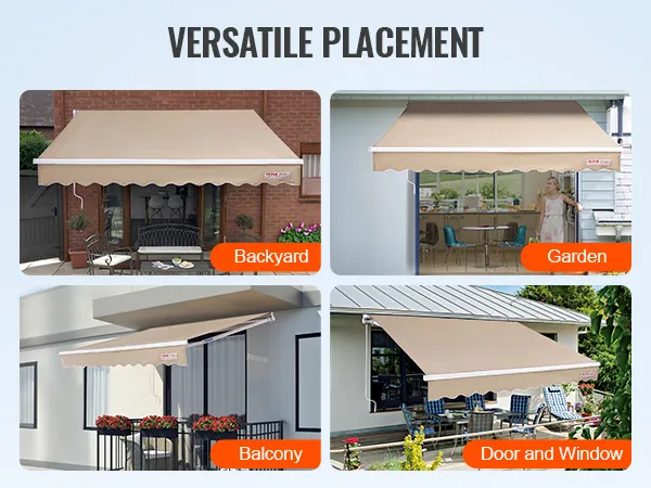 VEVOR retractable awning for backyard, garden, balcony, and door and window placements.