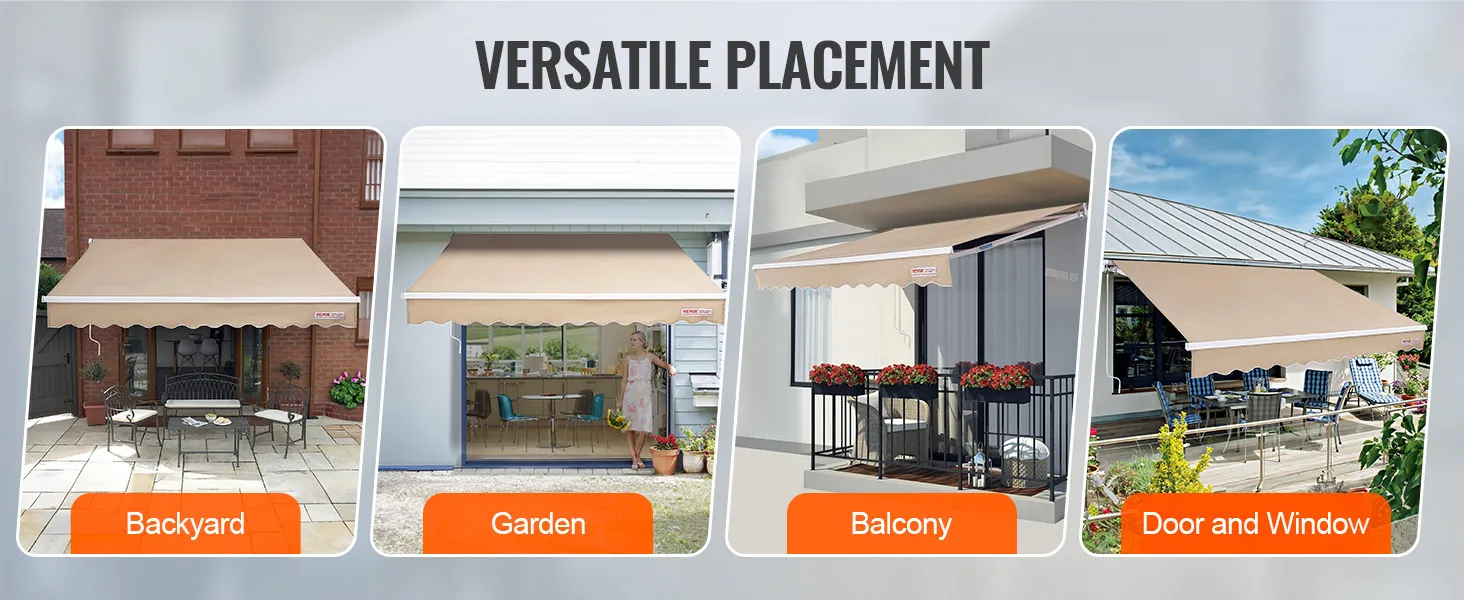 VEVOR retractable awning for backyard, garden, balcony, and door and window placements.