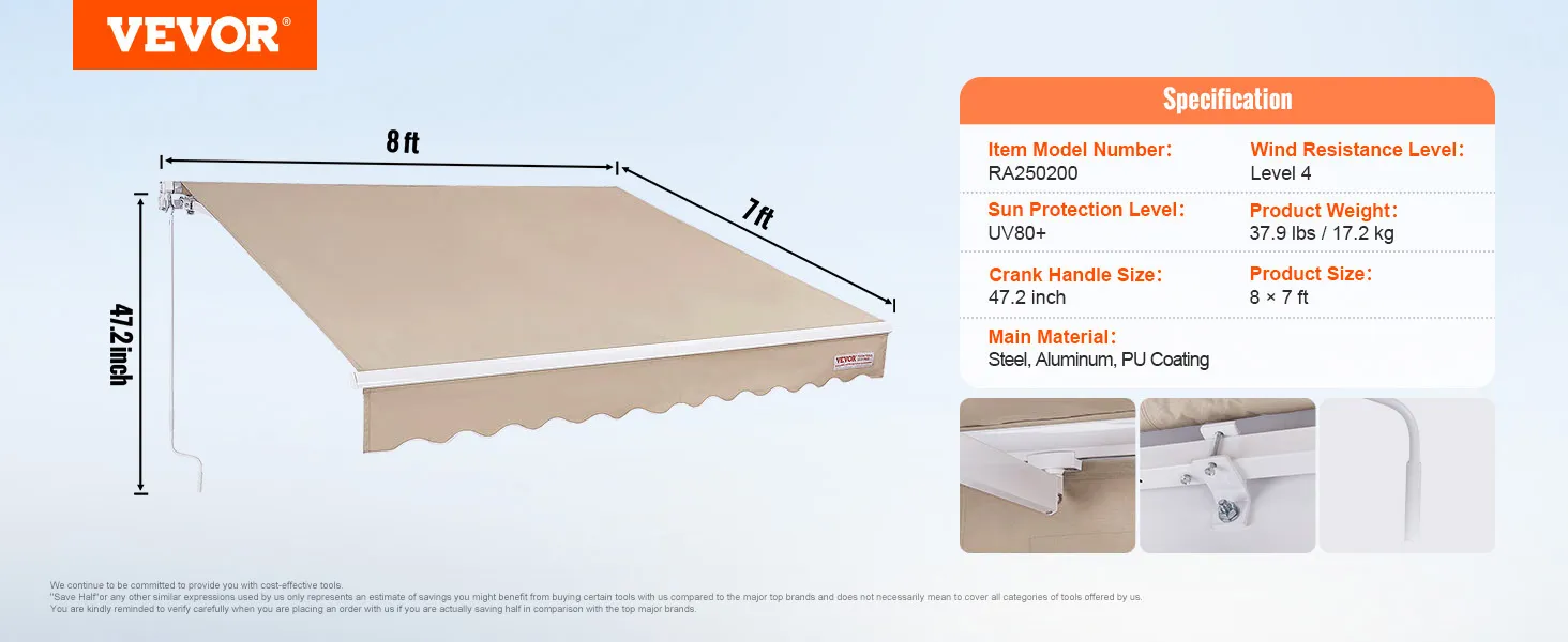 VEVOR retractable awning, 8 ft x 7 ft, uv80+ protection, 47.2-inch crank handle, steel and aluminum.