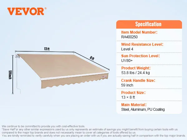 VEVOR retractable awning, 13x8 ft, uv80+, steel, aluminum, pu coating, wind resistance level 4.