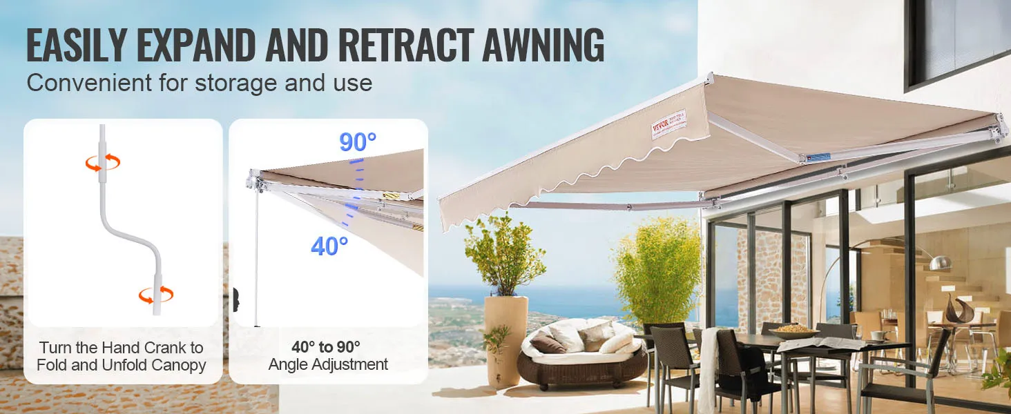 VEVOR retractable awning demonstrating easy expand and retract features, with a scenic patio view.