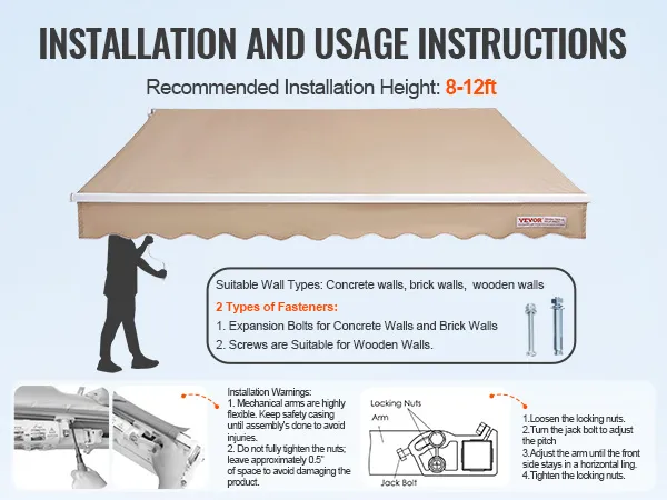 installation instructions for VEVOR retractable awning, height guide, suitable wall types, and fasteners.