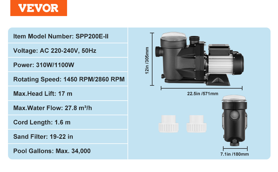 VEVOR Schwimmbadpumpe 1 PS, 5544 GPH – Doppelspannung 110V/220V | Für Oberirdische Pools