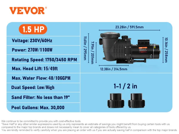 Especificaciones de la bomba de piscina VEVOR: 1,5 hp, doble velocidad, 230 v/60 hz, 270 w/1100 w, caudal máximo de agua 48/106 gpm.