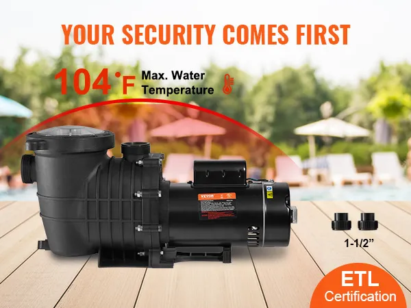 Bomba de piscina VEVOR con certificación etl, temperatura máxima del agua 104°f, junto a la piscina.