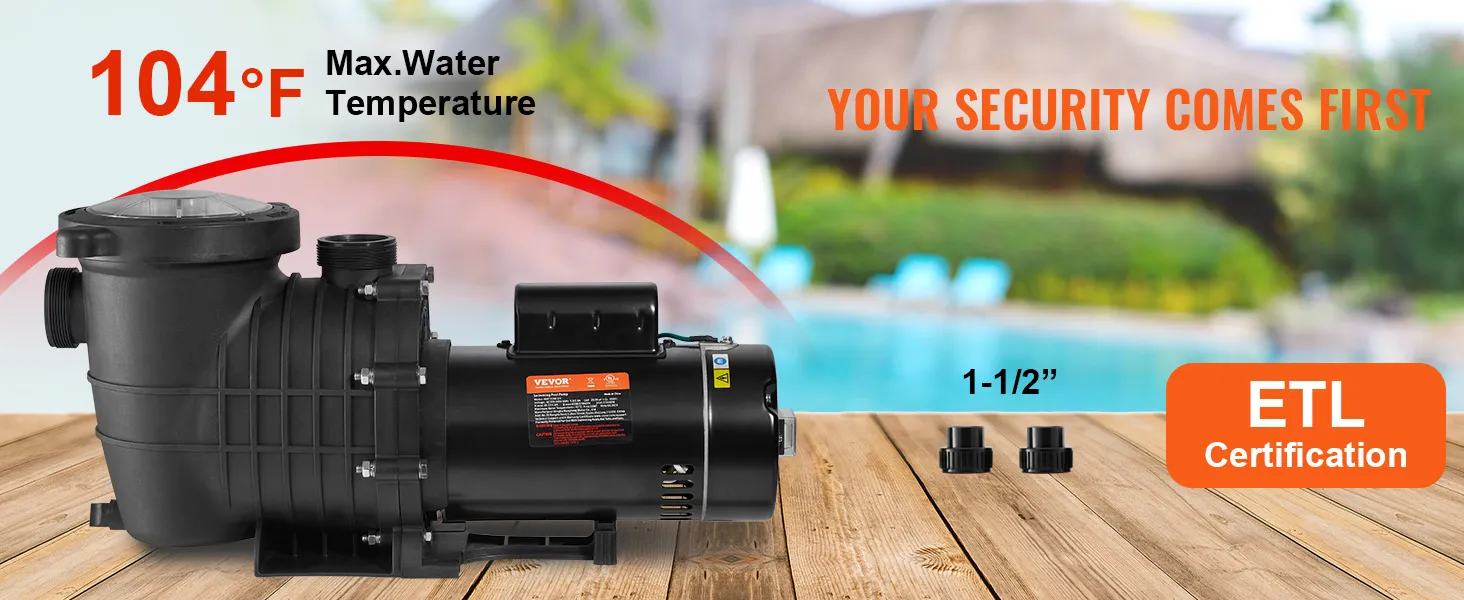 Bomba de piscina VEVOR con certificación etl, temperatura máxima del agua 104°f, junto a la piscina.