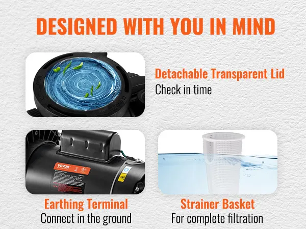 La bomba de piscina VEVOR cuenta con una tapa transparente desmontable, un terminal de conexión a tierra y un filtro para filtración.