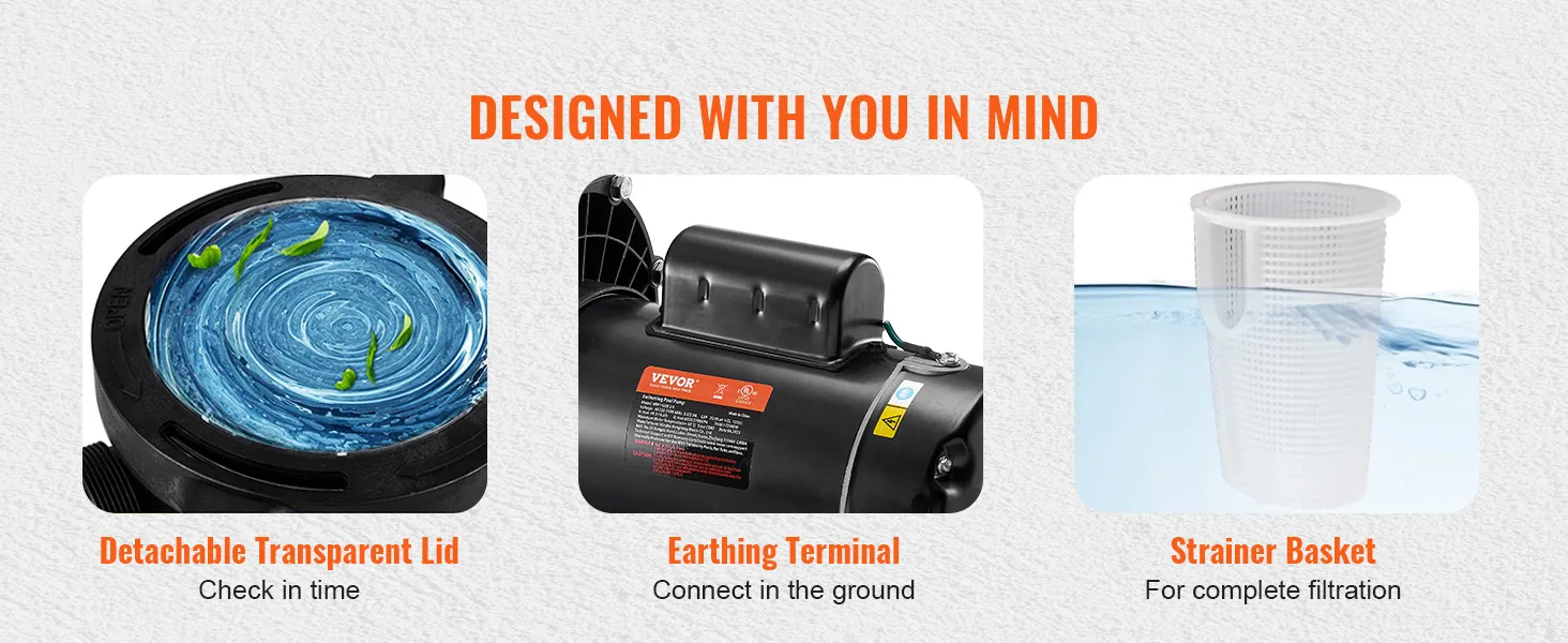 La bomba de piscina VEVOR cuenta con una tapa transparente desmontable, un terminal de conexión a tierra y un filtro para filtración.