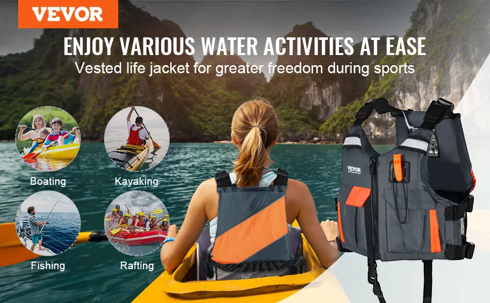 Kamizelka ratunkowa VEVOR do różnych sportów wodnych, takich jak pływanie łódką, kajakarstwo, wędkowanie i rafting, z widokiem na góry.