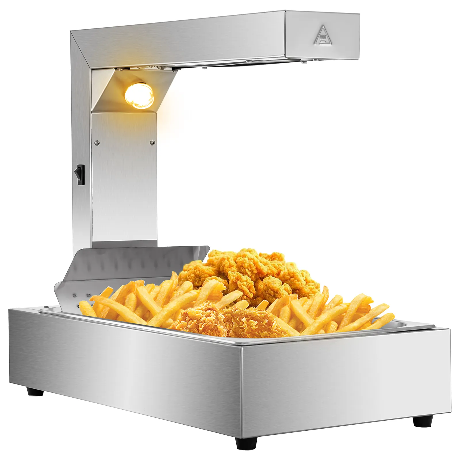 Calentador de patatas fritas VEVOR con patatas fritas y pollo bajo una luz de calentamiento.