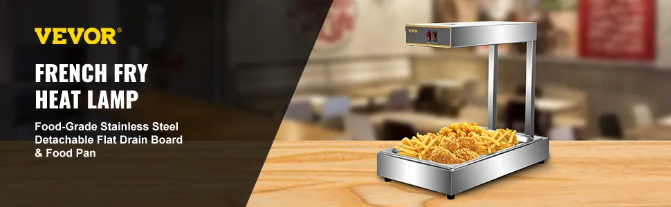 Calentador de alimentos para papas fritas VEVOR con lámpara de calor de acero inoxidable y tabla de escurrir desmontable.