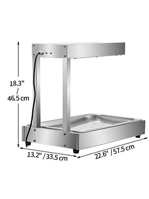 Calentador de alimentos para patatas fritas VEVOR con dimensiones 18,3" x 13,2" x 22,6" (46,5 x 33,5 x 57,5 cm).