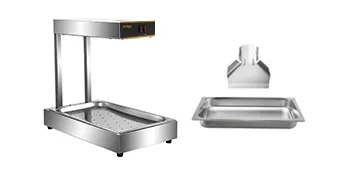 Calentador de alimentos para patatas fritas VEVOR con bandeja y pala en acero inoxidable.