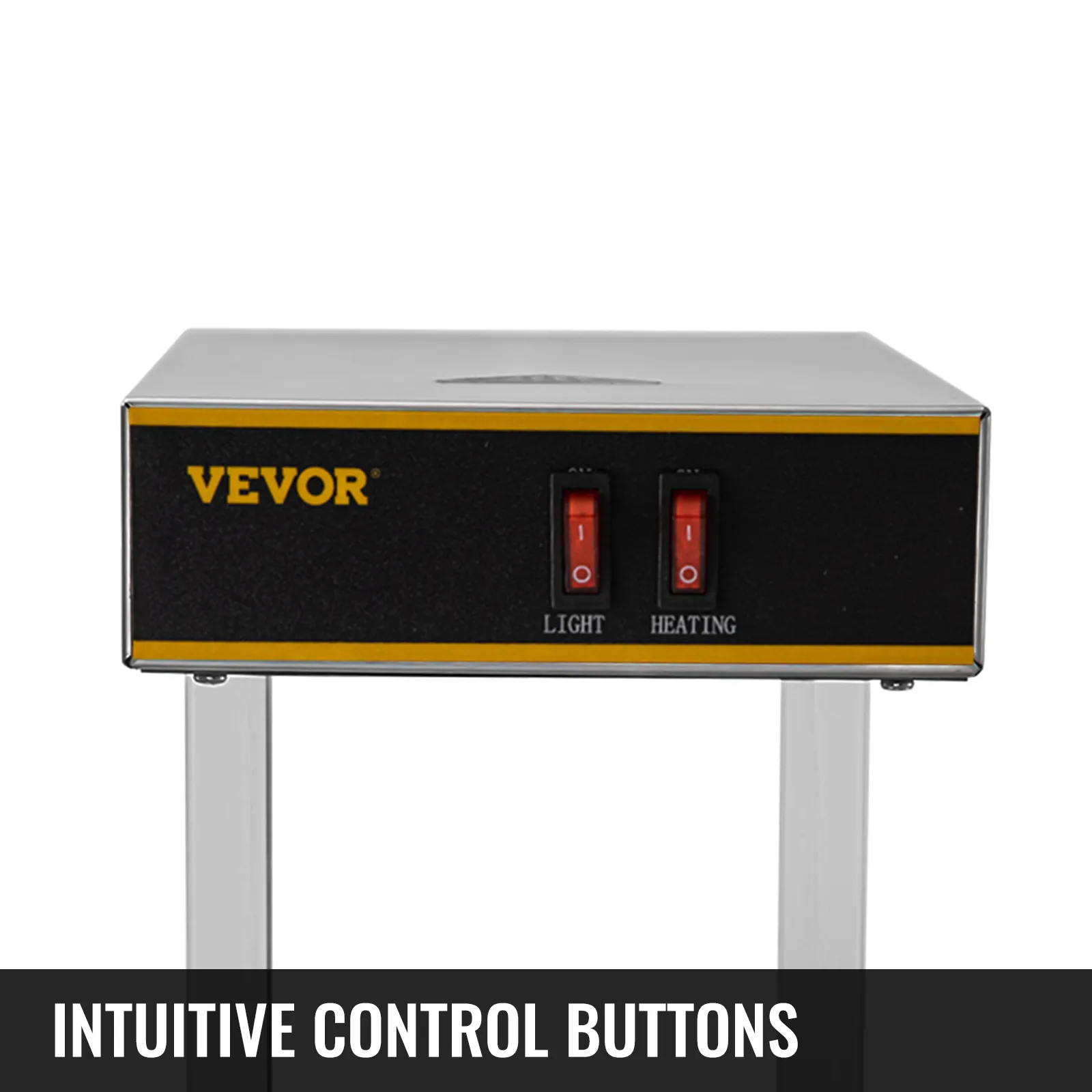 Calentador de alimentos para papas fritas VEVOR con botones de control intuitivos para luz y calentamiento.