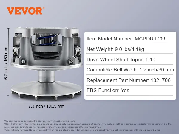 VEVOR primary drive clutch with item details, measurements, and weight specifications on a purple background.