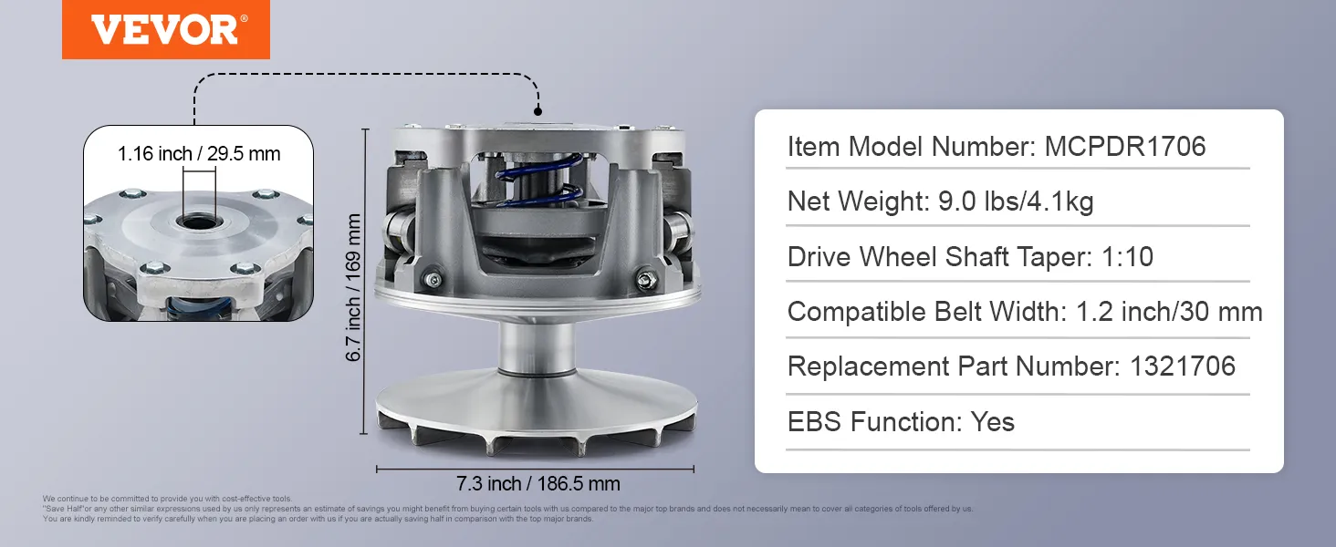VEVOR primary drive clutch with item details, measurements, and weight specifications on a purple background.