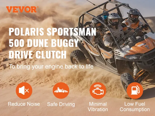 VEVOR primary drive clutch for polaris sportsman 500, dune buggy driving through sandy desert.