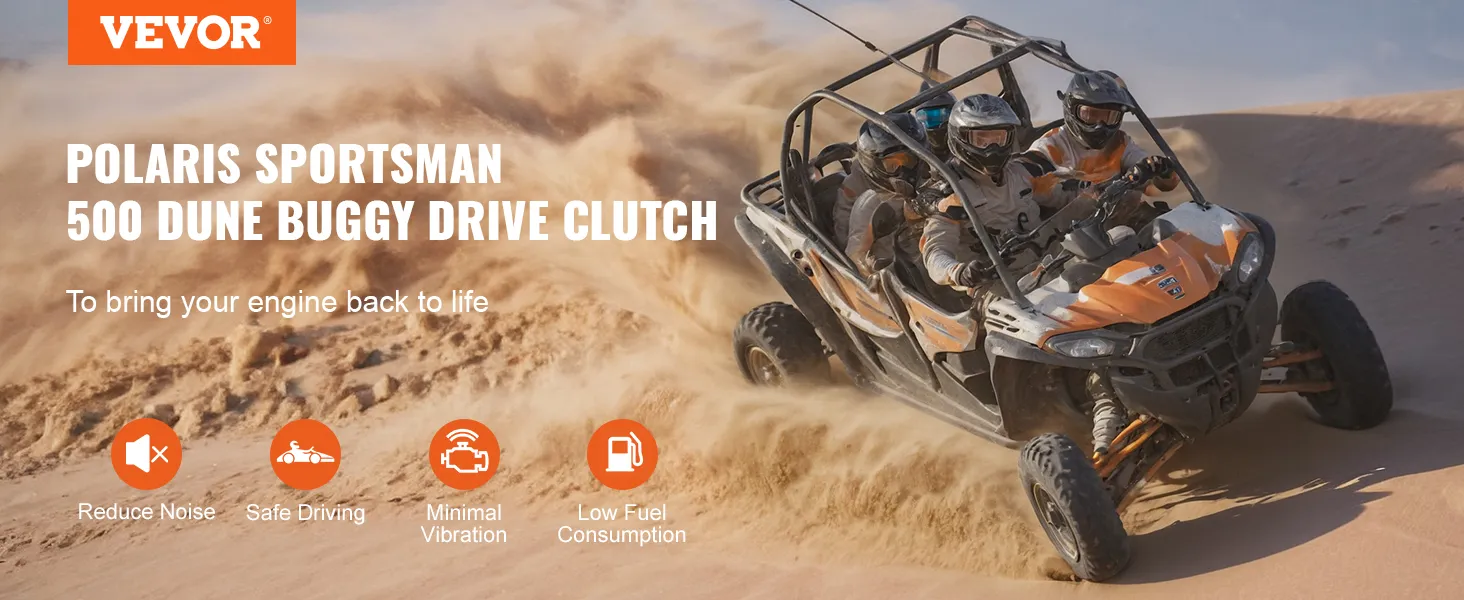 VEVOR primary drive clutch for polaris sportsman 500, dune buggy driving through sandy desert.