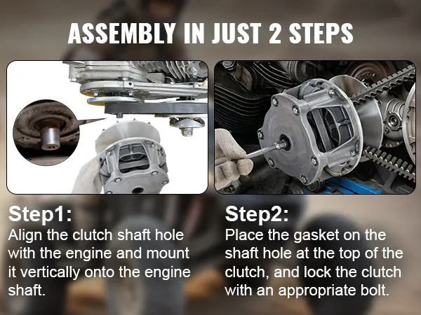 VEVOR primary drive clutch installation guide: step 1 aligns and mounts the clutch; step 2 secures it.