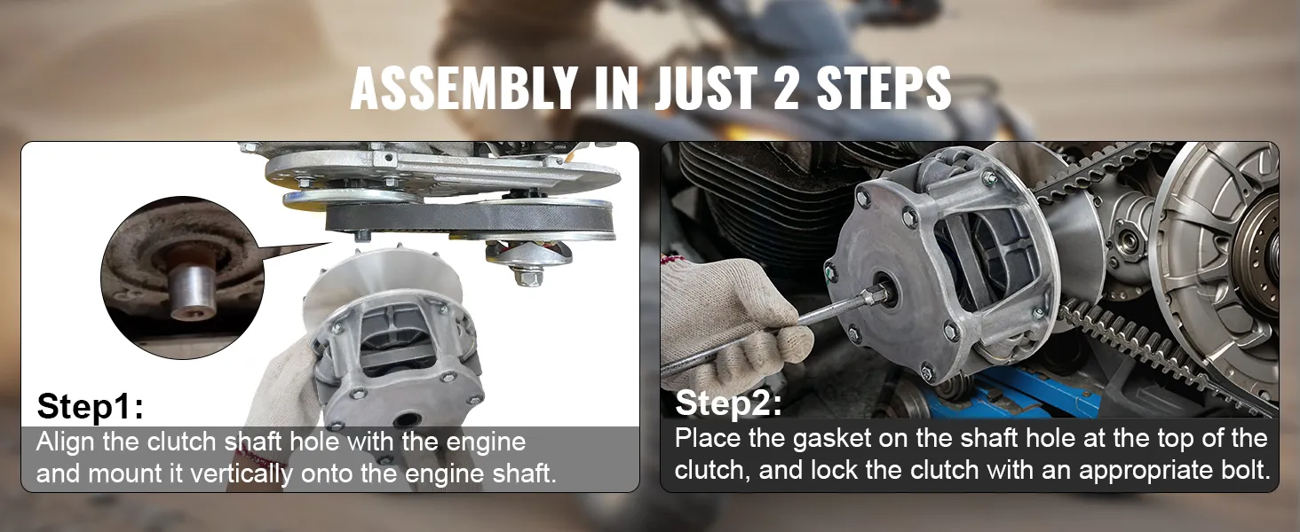 VEVOR primary drive clutch installation guide: step 1 aligns and mounts the clutch; step 2 secures it.