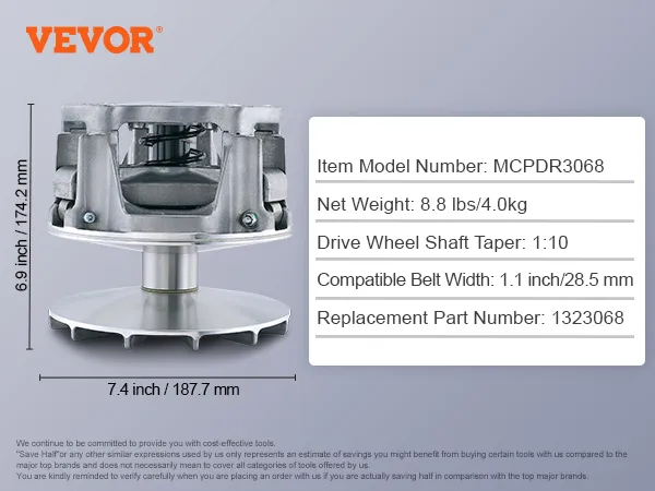 VEVOR drive clutch polaris rzr 1000 dimensions, weight, and compatible belt width specifications.