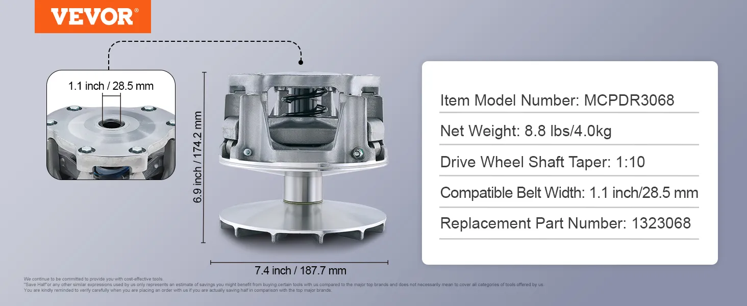 VEVOR drive clutch polaris rzr 1000 dimensions, weight, and compatible belt width specifications.
