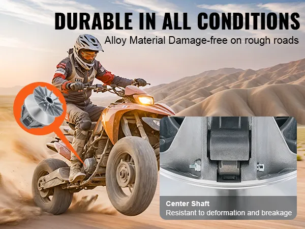 rider on an atv in the desert with an inset of a VEVOR drive clutch polaris rzr 1000. durable in all conditions.