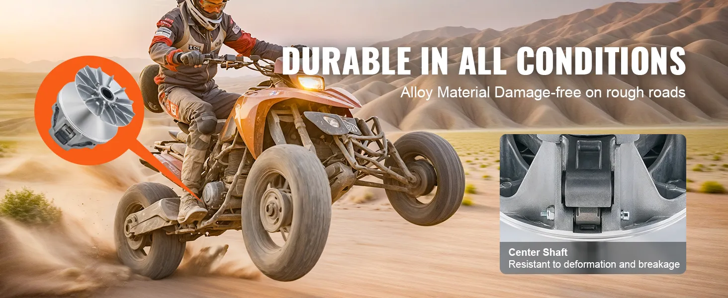 rider on an atv in the desert with an inset of a VEVOR drive clutch polaris rzr 1000. durable in all conditions.