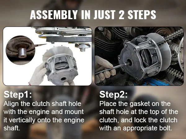 assembly steps for VEVOR drive clutch polaris rzr 1000: align clutch with engine, place gasket, lock clutch.