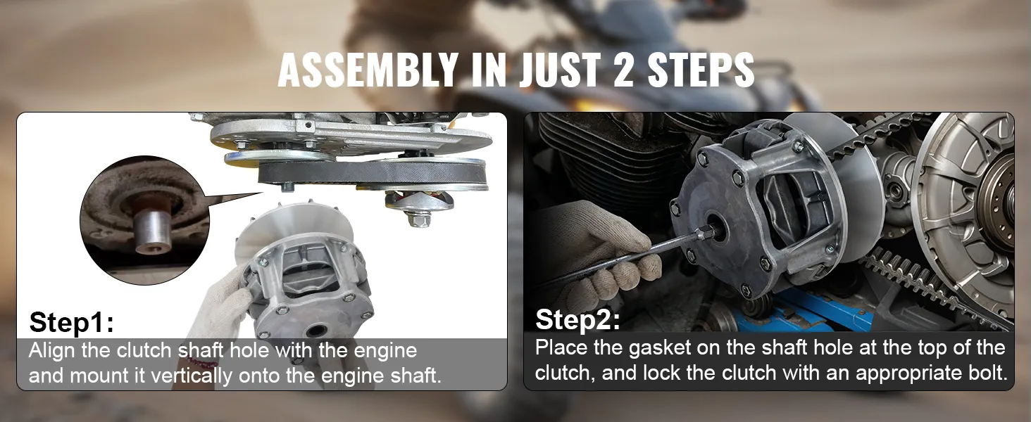 assembly steps for VEVOR drive clutch polaris rzr 1000: align clutch with engine, place gasket, lock clutch.