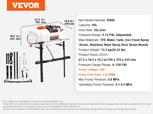 VEVOR ATV-Punktsprüher mit 60-l-Tank, einstellbarem psi, TPE-Wassertank, Edelstahlstange und 12-V-Pumpe.