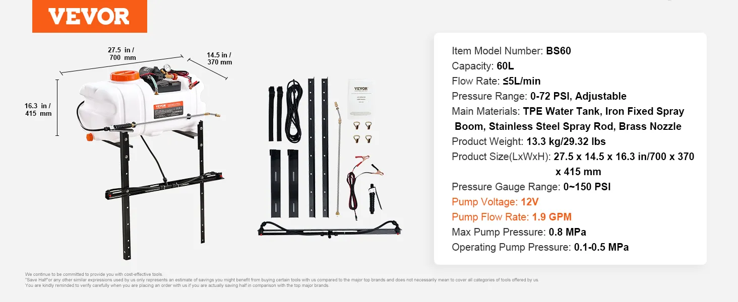 VEVOR atv spot sprayer with 60l tank, adjustable psi, tpe water tank, stainless steel rod, and 12v pump.
