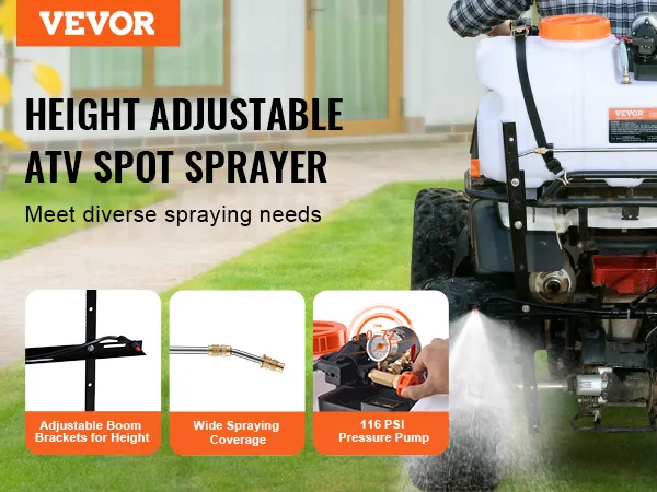 VEVOR ATV-Punktsprühgerät für den Rasen mit verstellbaren Auslegerhalterungen, breiter Sprühfunktion und 116-psi-Druckpumpe.