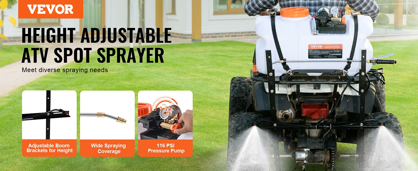 VEVOR ATV-Punktsprühgerät für den Rasen mit verstellbaren Auslegerhalterungen, breiter Sprühfunktion und 116-psi-Druckpumpe.