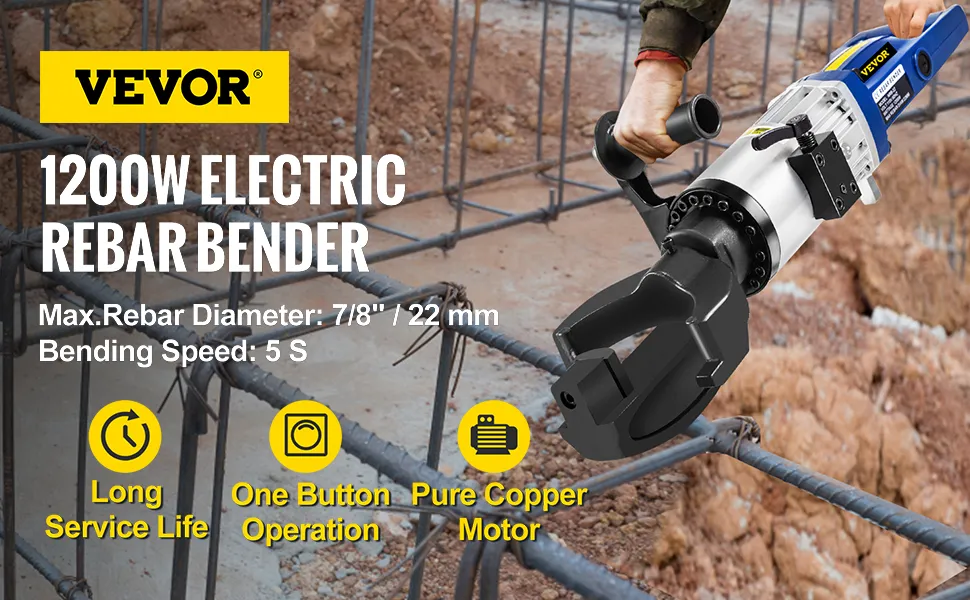 Dobladora de varillas de refuerzo eléctrica VEVOR en uso, destacando su potencia de 1200 W y sus características principales.