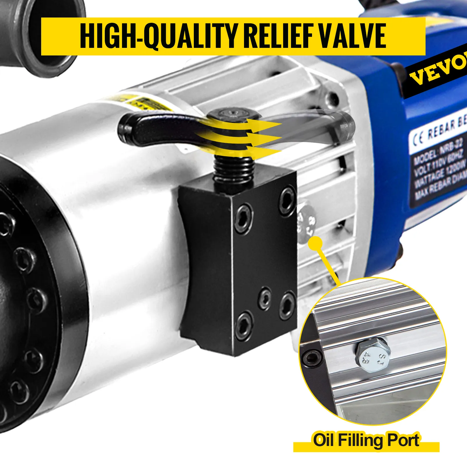 Dobladora de varillas de refuerzo eléctrica VEVOR con válvula de alivio de alta calidad y puerto de llenado de aceite.